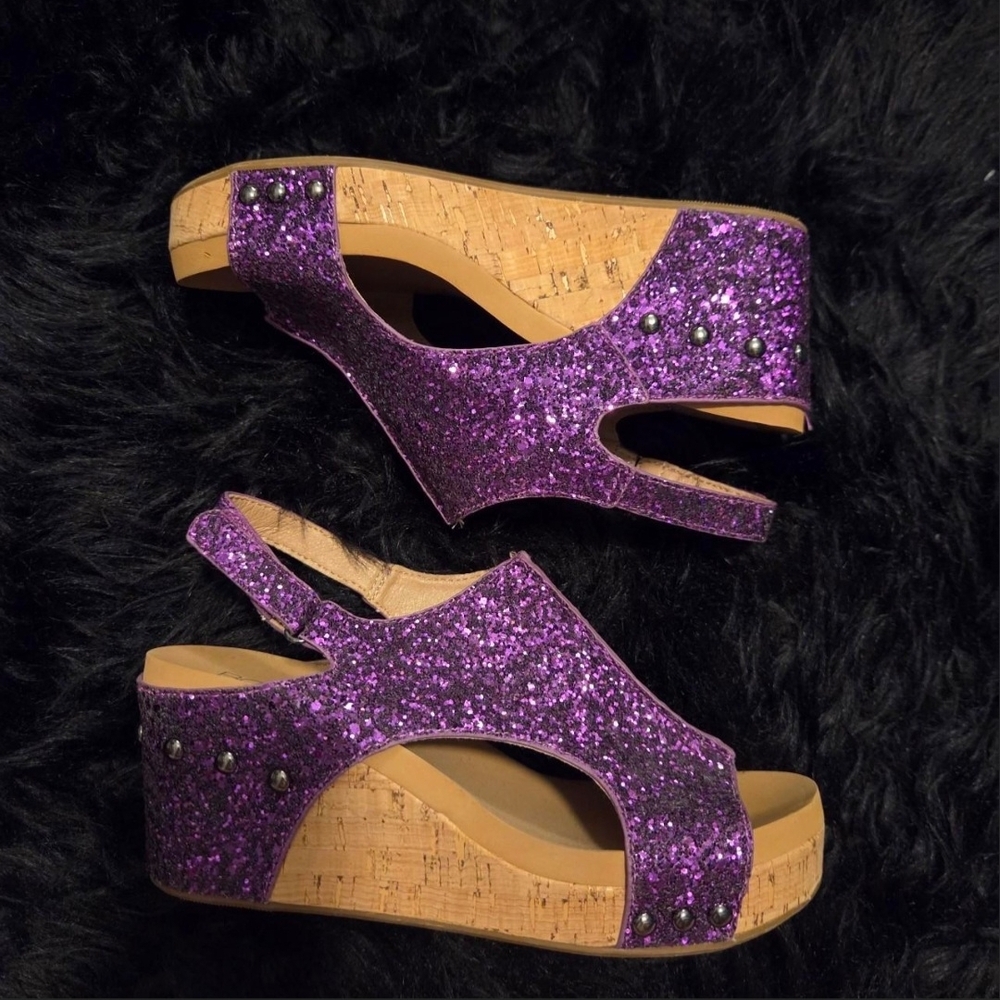 Corkys Purple Sparkle Wedge Sandals